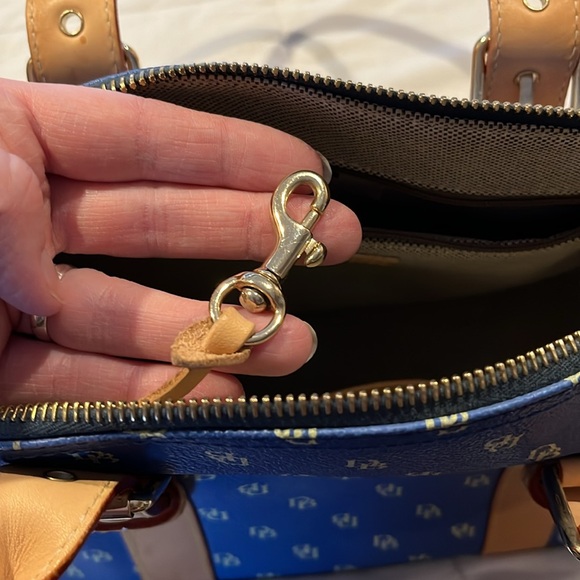 Dooney & Bourke Blue Tan Monogram Satchel Purse Double Handle - Picture 8 of 14